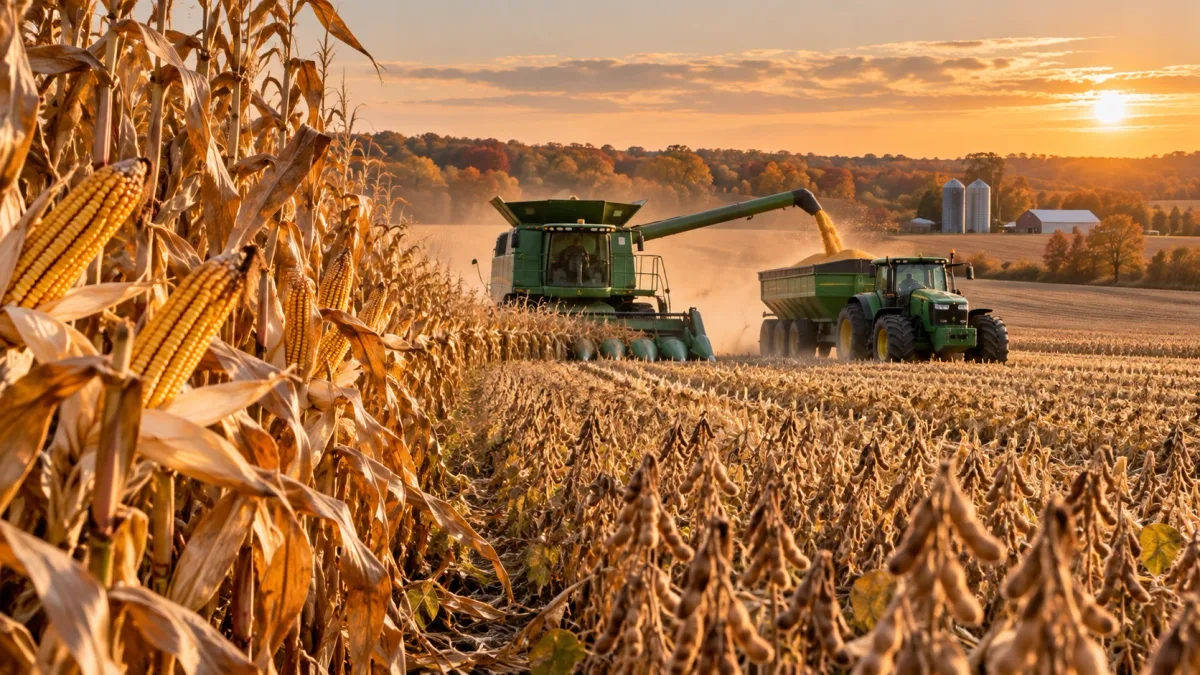 Mature corn and soybean fields at harvest as a combine unloads grain into a cart near farm silos at sunset.