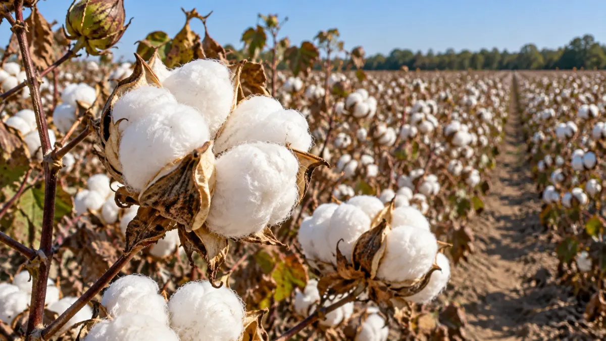 Opened cotton bolls in the foreground with rows of mature cotton plants extending across a sunlit field.