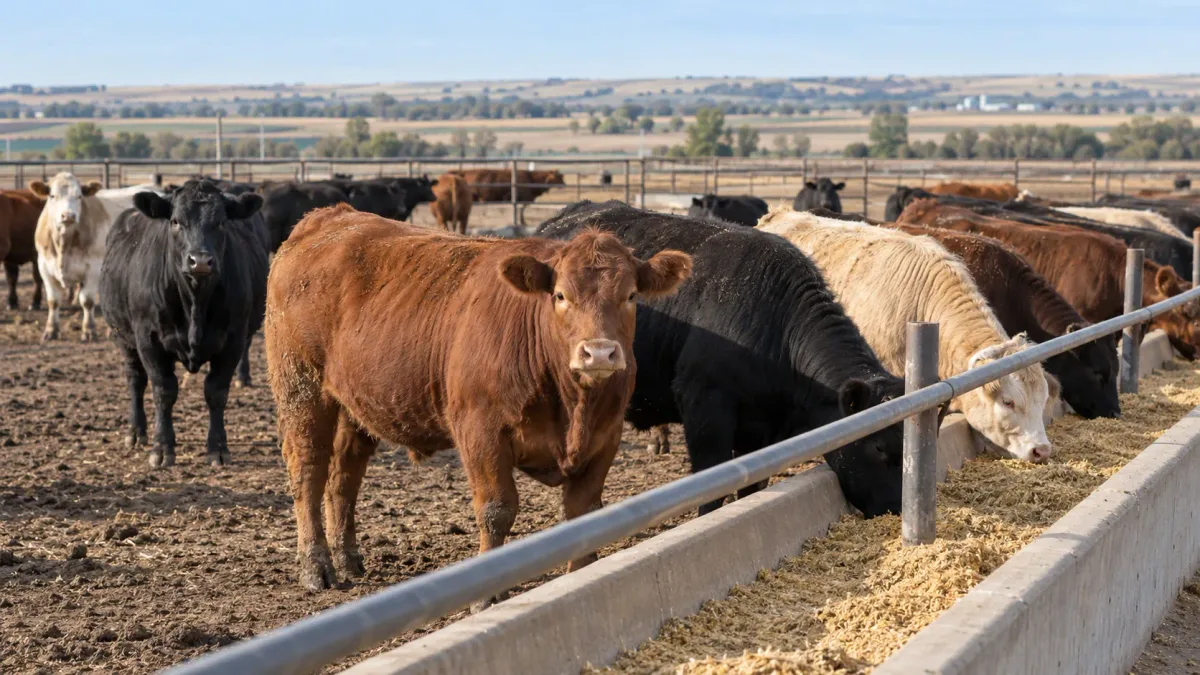 Healthy feeder cattle standing and feeding in an outdoor feedlot, with fenced pens and open farmland visible in the background.